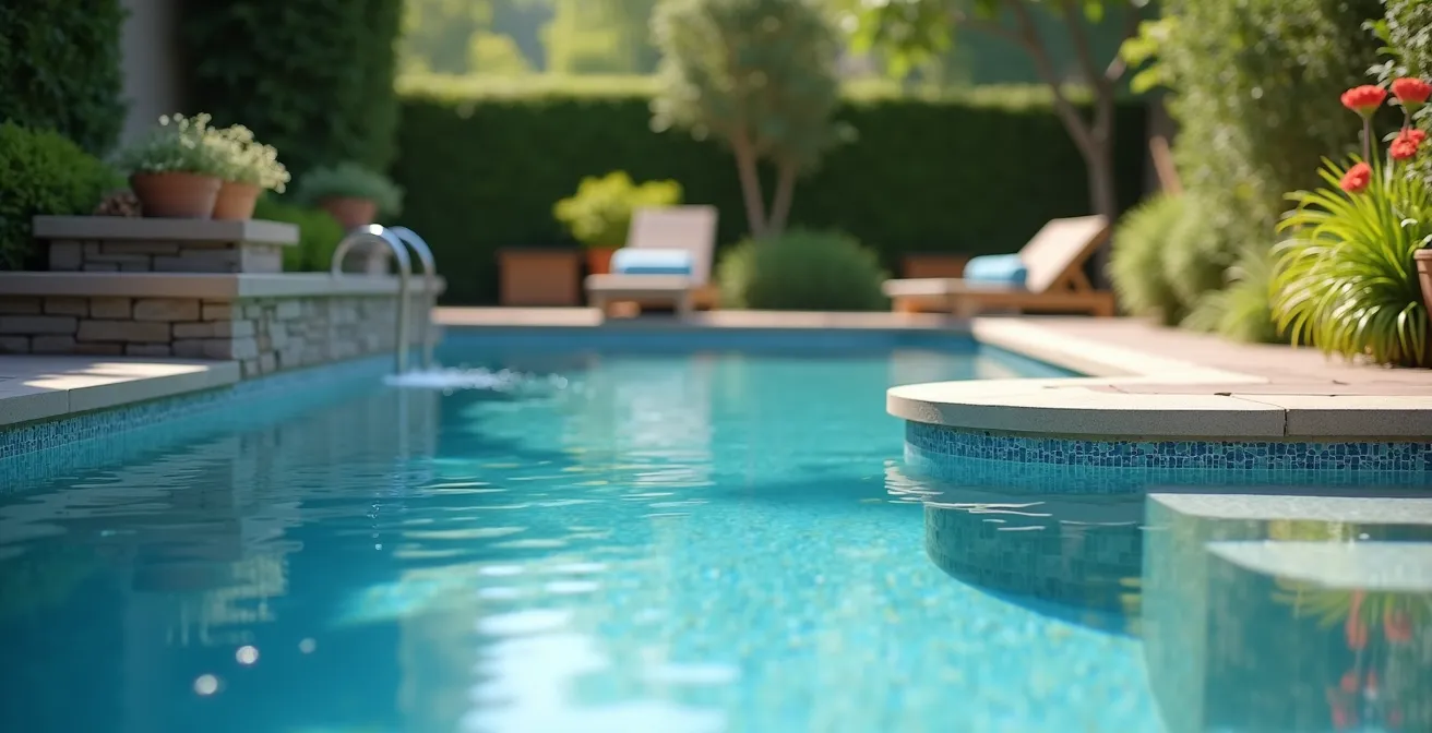 Vue esthétique d’une piscine en kit personnalisée dans un jardin avec différentes formes et revêtements, lumière naturelle et textures précises
