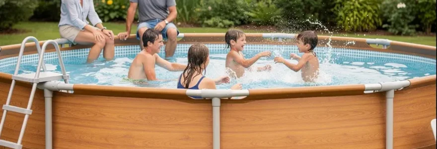 Famille profitant d'une piscine hors-sol acier aspect bois dans un jardin verdoyant