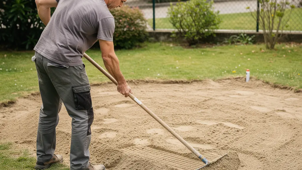 Préparation du sol avant installation piscine avec nivellement du sable